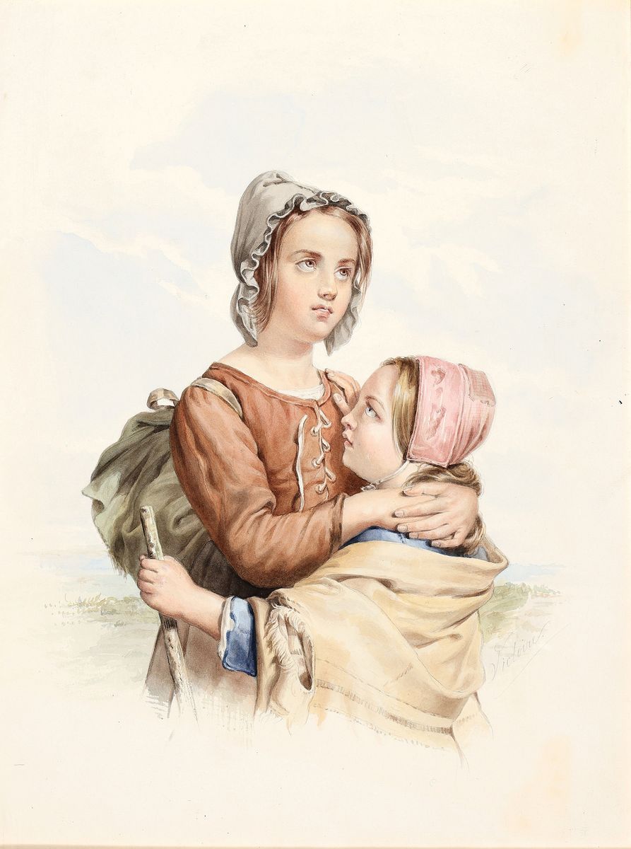 Victoire, frz. Malerei, Mitte 19. Jh., Schwesterpaar, feine Aquarellmalerei auf Papier, rechts unten signiert Victoire, ca. 38x28cm, u.Gl., R. ca. ...