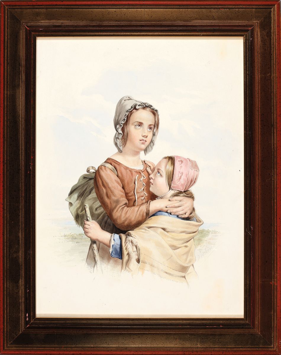 Detail k: Victoire, frz. Malerei, Mitte 19. Jh., Schwesterpaar, feine Aquarellmalerei auf Papier, rechts unten signiert Victoire, ca. 38x28cm, u.Gl., R. ca. ...