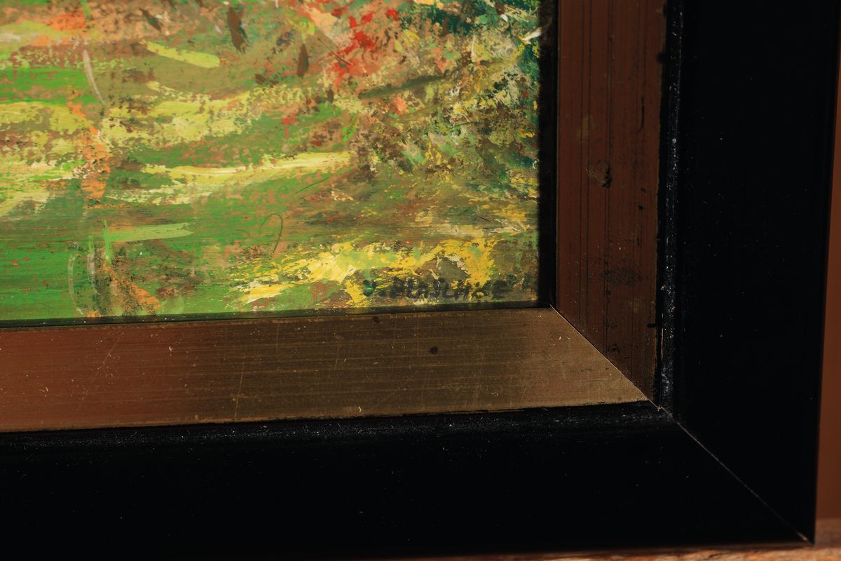 Detail a: Franz Josef Blaschke, 1916-1984 Köln, Im Oberbusch bei Ratingen, Öl/Malkarton, rechts unten signiert, rückseitig betitelt, ca. 24x30cm, R. ca. ...