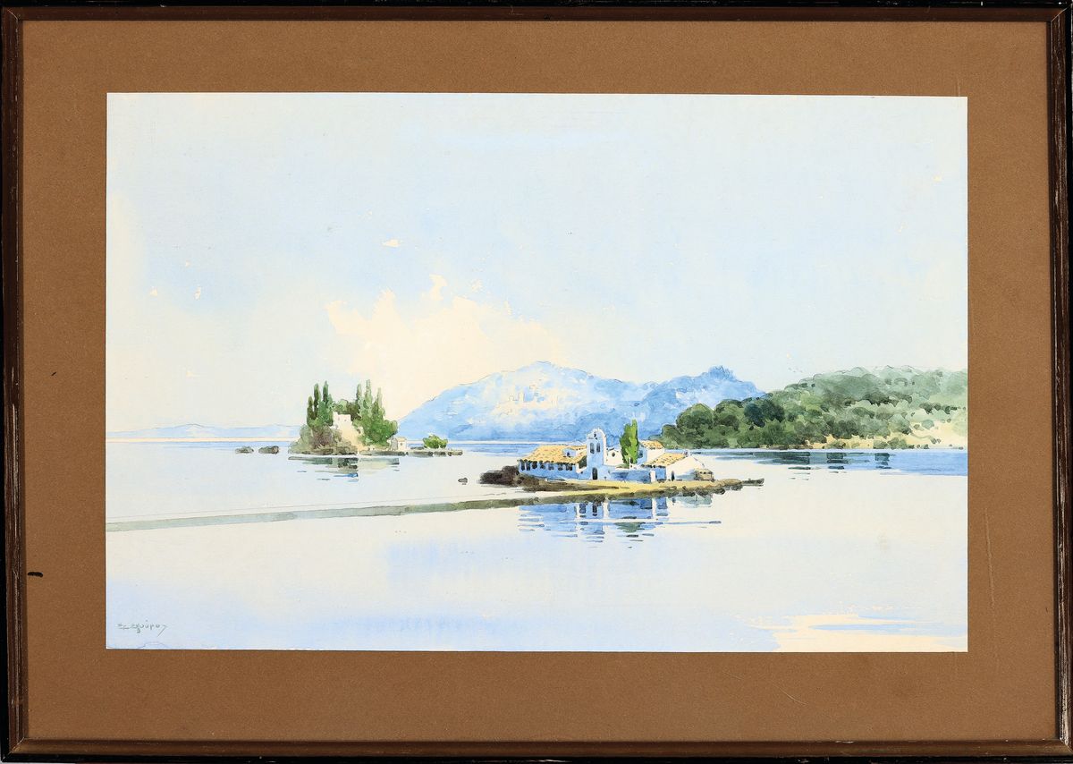 Detail k: Griechischer Künstler, 1. Hälfte 20. Jh., Blick auf Korfu, Aquarell auf Papier, links unten signiert, ca. 28x43cm, u.Gl., R. ca. 39x54cm