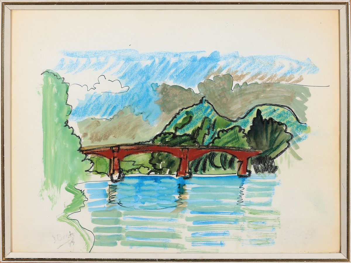 Detail k: Julius Bretz, 1870 Wiesbaden-1953 Bad Honnef, Brücke über den Fluss, Gouache auf Papier, links unten signiert und dat. 45, ca. 30x40cm, u.Gl., R.