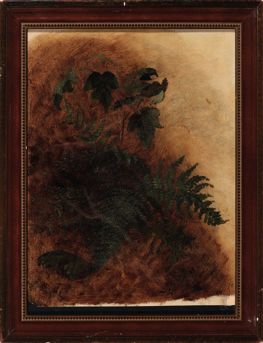 Detail k: Zuschreibung: Christian Friedrich Gille, 1805 Ballenstedt/Harz-1899 Dresden, Naturstudie mit Farn, Öl/Papier, ca. 36x28cm, links untere Ecke fehlt, ...