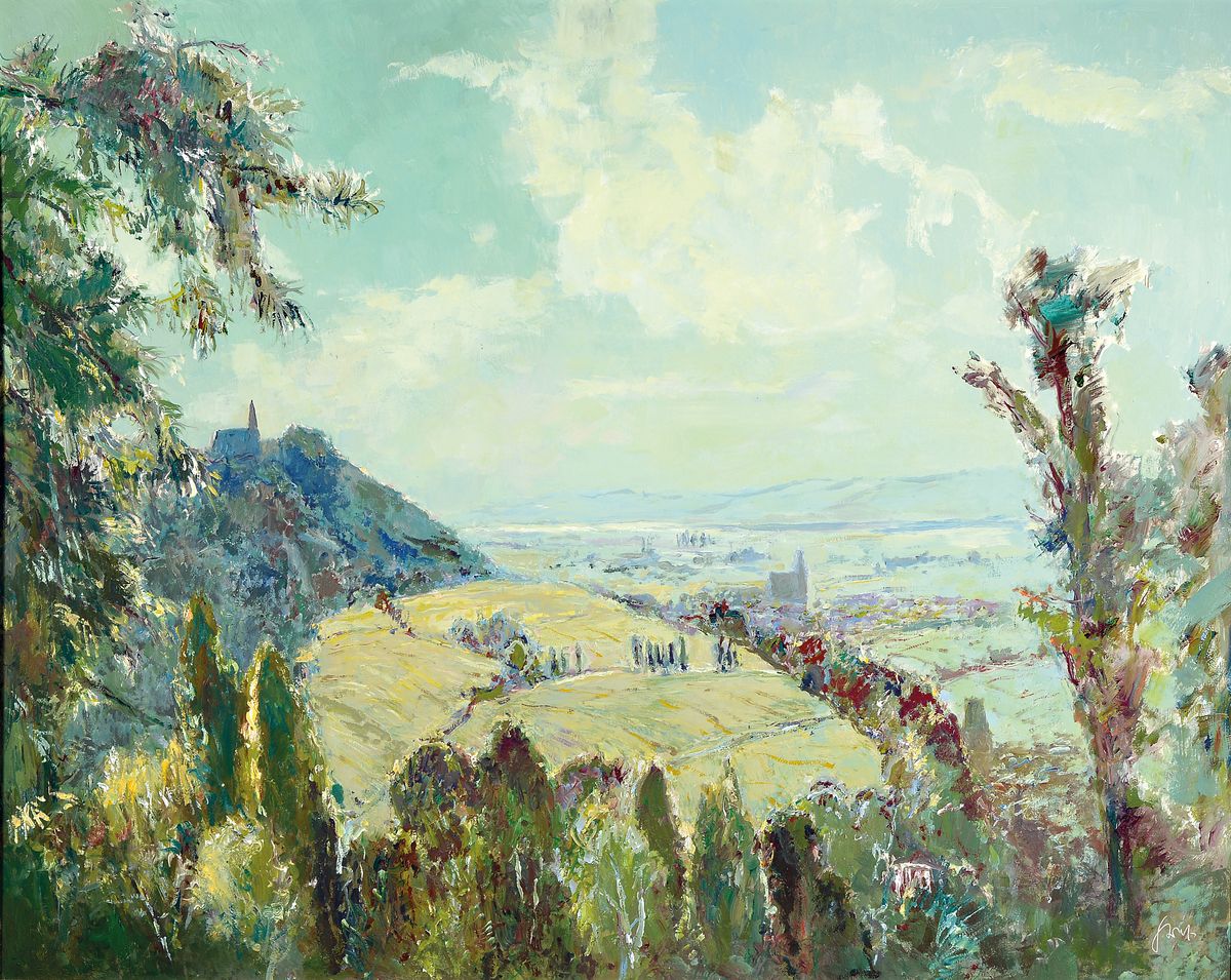 Karl Graf, 1902 Rothenburg ob der Tauber-1986 Speyer, Blick vom Haardtrand in die Rheinebene, Öl/Hartfaser, rechts unten signiert, ca. 80x100cm, R. ...