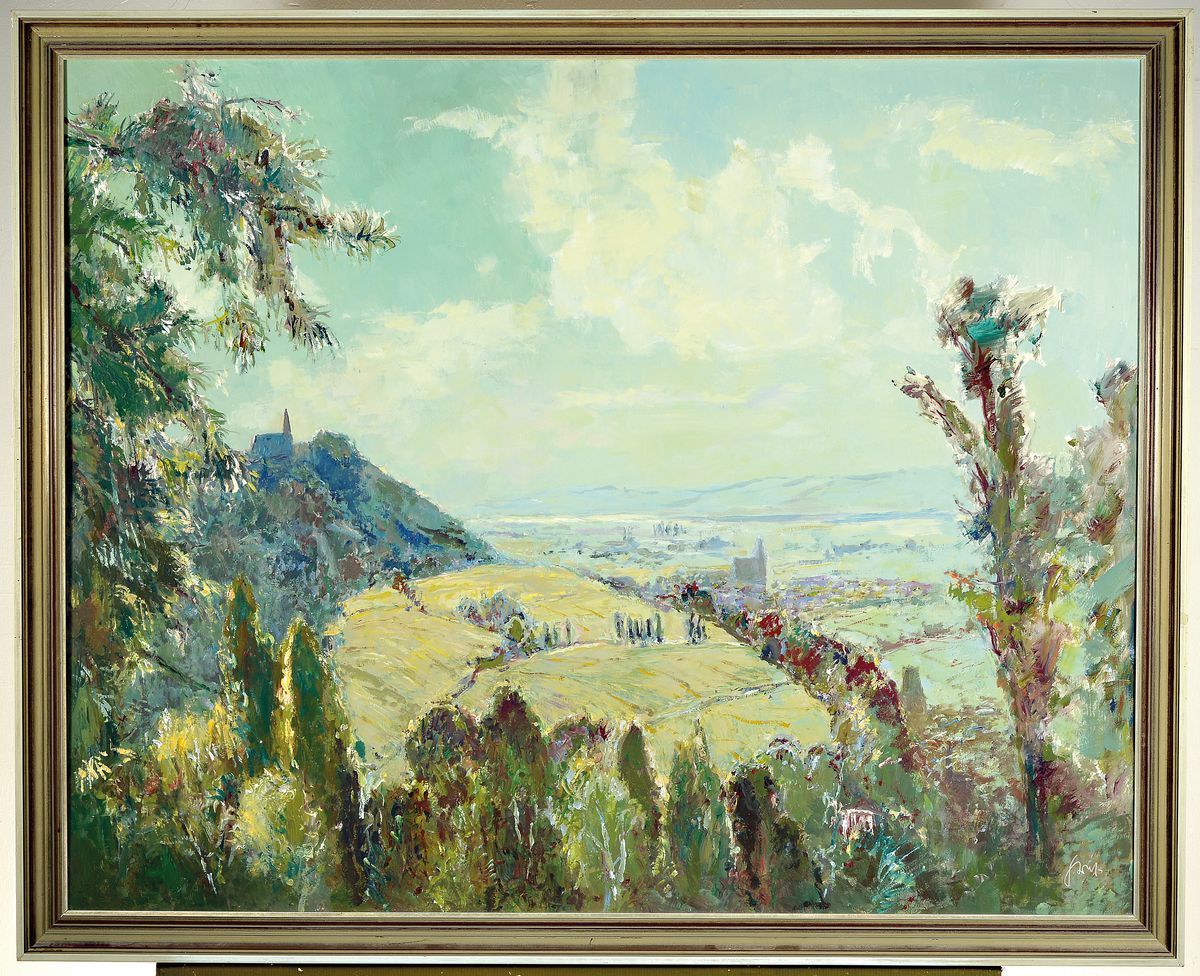 Detail k: Karl Graf, 1902 Rothenburg ob der Tauber-1986 Speyer, Blick vom Haardtrand in die Rheinebene, Öl/Hartfaser, rechts unten signiert, ca. 80x100cm, R. ...