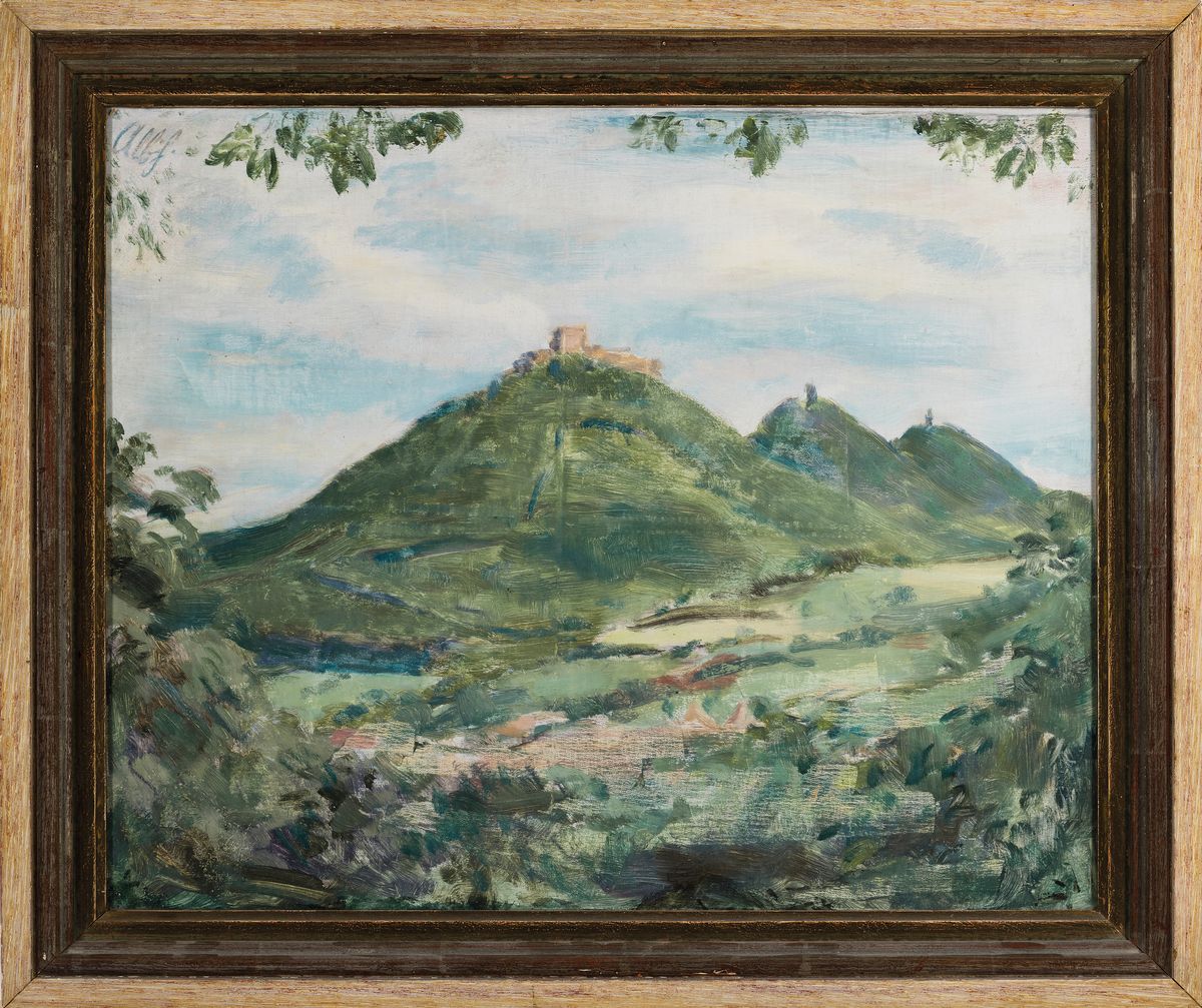 Detail k: Albert Haueisen, 1872 Stuttgart-1954 Kandel,Trifels Studie II (Annweiler), Blick auf Trifels, Anebos und Scharfenberg, Öl/Lwd, links oben signiert, ...