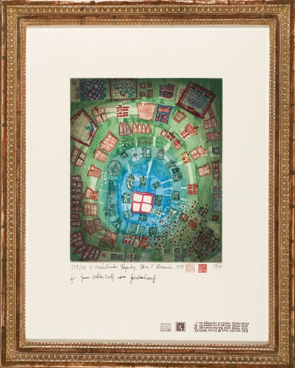 Detail k: Friedensreich Hundertwasser, 1928-2000, Dunkelbunter Regentag, Farblithographie von 1978, handsigniert und num. 259/280,