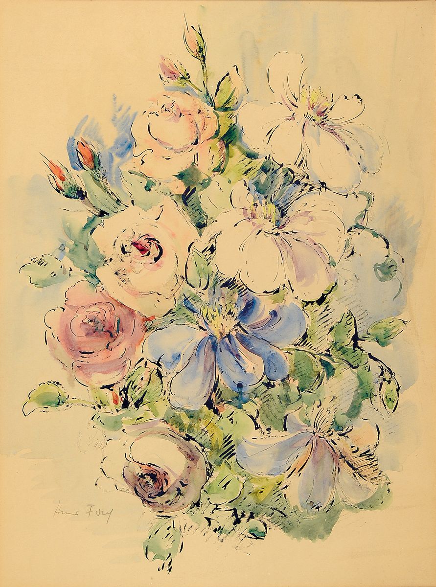 Hanns Fay, 1888 Frankenthal-1957 Neustadt a. d. Weinstraße, Blumenstillleben, Tusche und Aquarell auf Papier, signiert, ca. 55x40cm, leicht ...