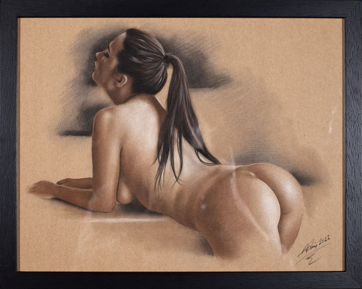 Detail k: Denis Prenzel, geb. 1971, Pastellzeichnung auf dickem Papier, handsigniert, Frauenakt, Blattgr. ca. 30 x 40 cm, unter Glas, Rahmen, Dennis Prenzel ...