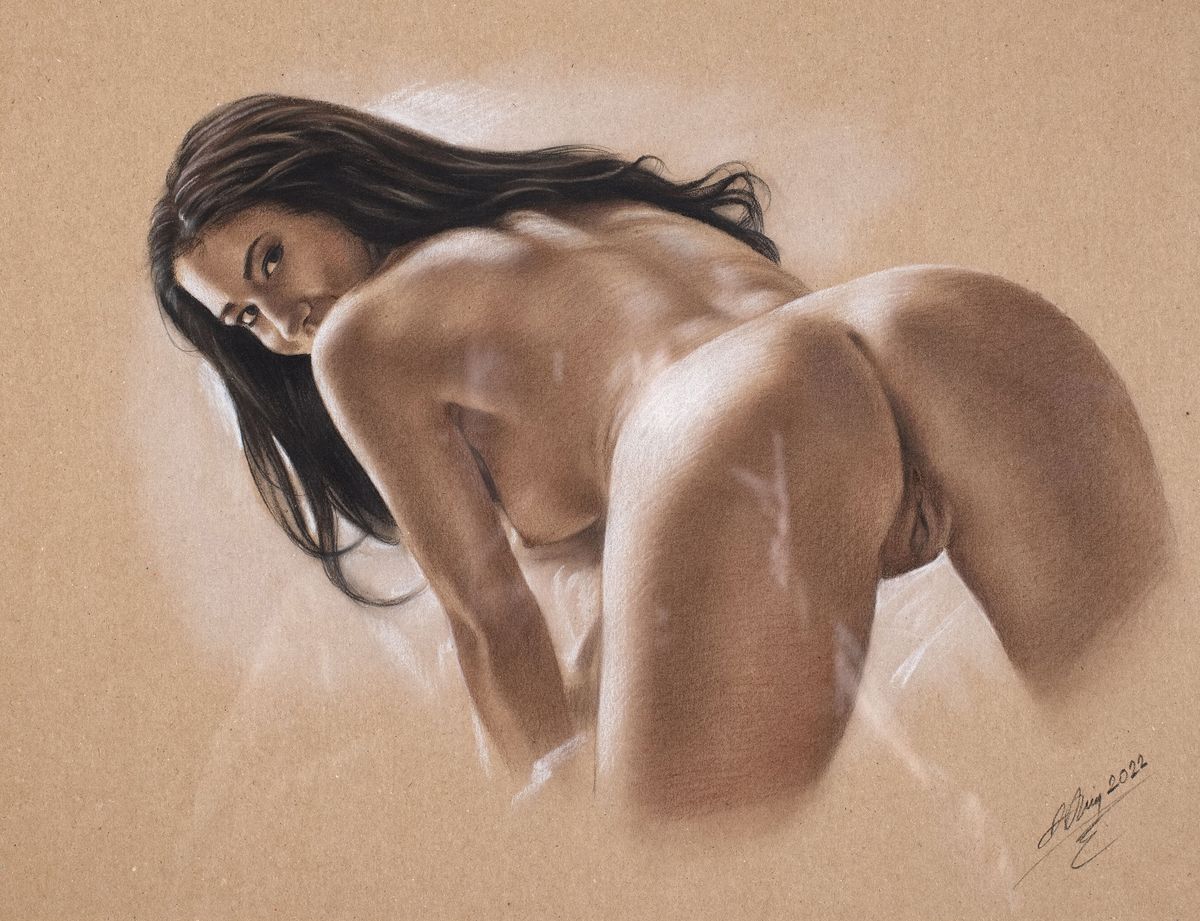 Denis Prenzel, geb. 1971, Pastellzeichnung auf dickem Papier, handsigniert, Frauenakt, Blattgr. ca. 40 x 30 cm, unter Glas, Rahmen, Dennis Prenzel ...