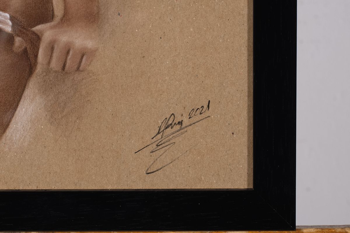 Detail a: Denis Prenzel, geb. 1971, Pastellzeichnung auf dickem Papier, handsigniert, Frauenakt, Blattgr. ca. 40 x 30 cm, unter Glas, Rahmen, Dennis Prenzel ...