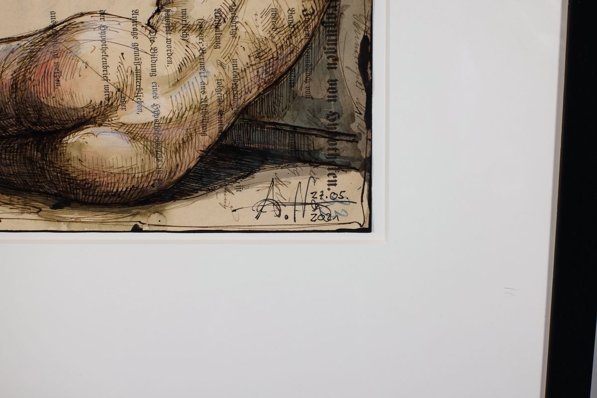Detail a: Andreas Noßmann, geb. 1962 in Hilden, Federzeichnung, Aquarell und Farbstift auf antikisierendes Papier, handsigniert, datiert 2018 und betitelt: ...