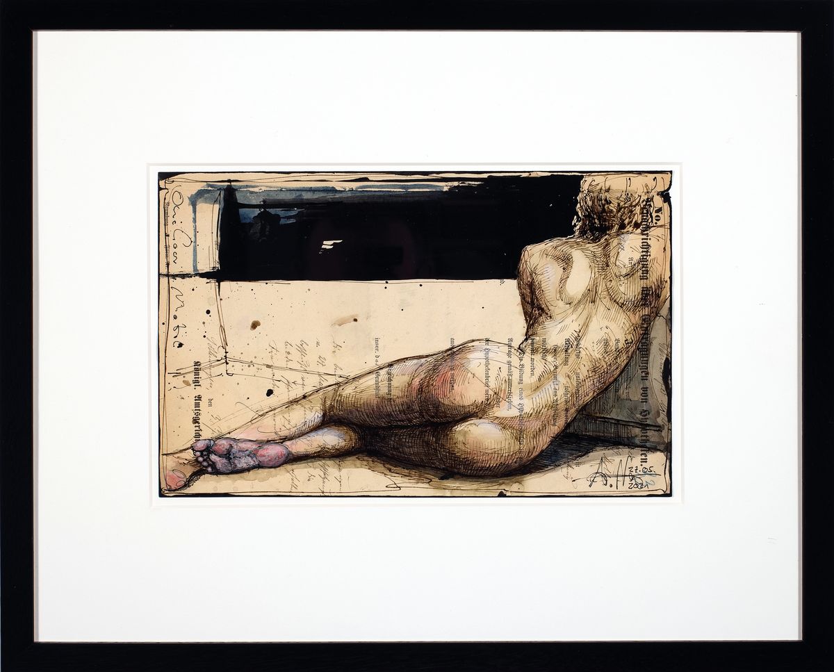 Detail k: Andreas Noßmann, geb. 1962 in Hilden, Federzeichnung, Aquarell und Farbstift auf antikisierendes Papier, handsigniert, datiert 2018 und betitelt: ...