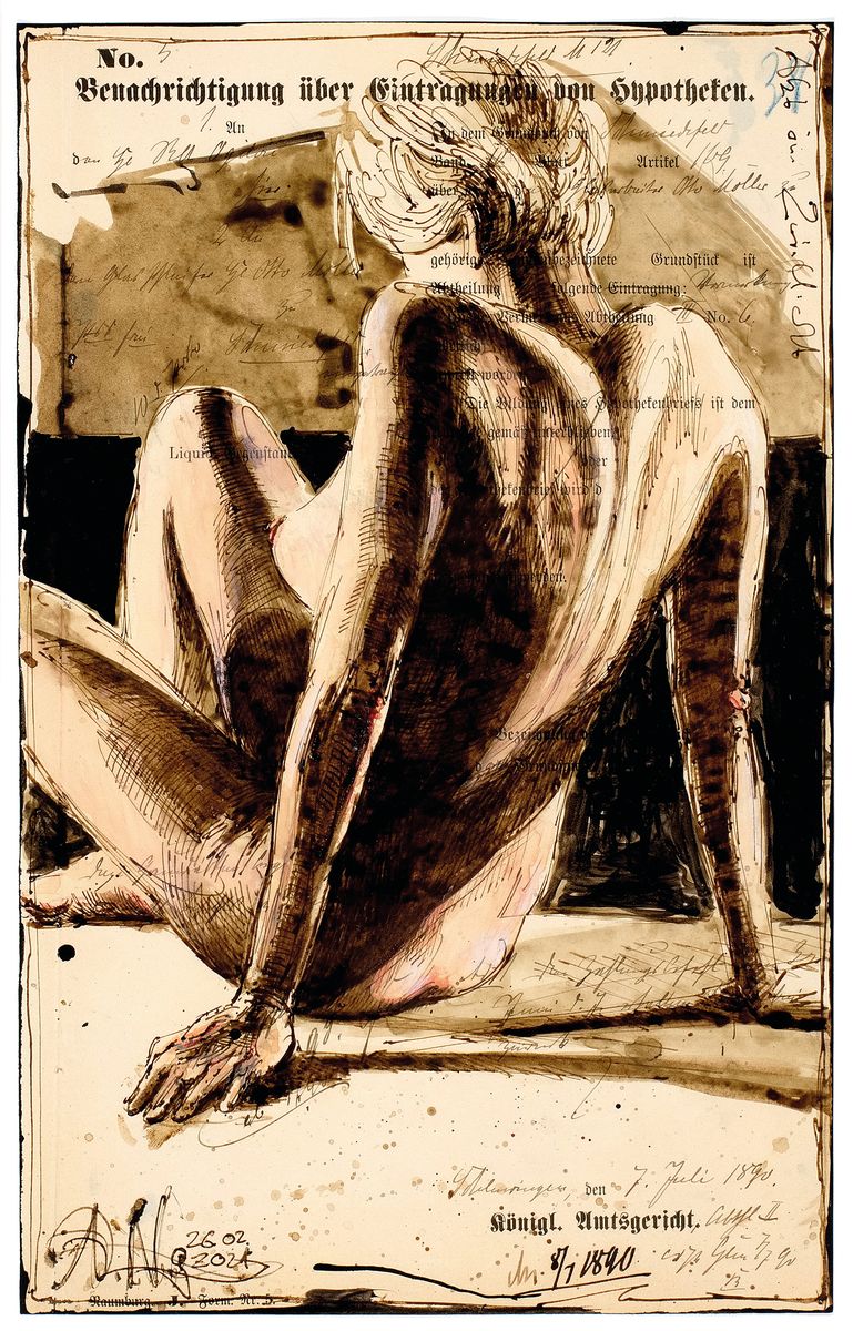 Andreas Noßmann, geb. 1962 in Hilden, Federzeichnung, Aquarell und Farbstift auf antikisierendes Papier, handsigniert, datiert 2021 und betitelt: ...