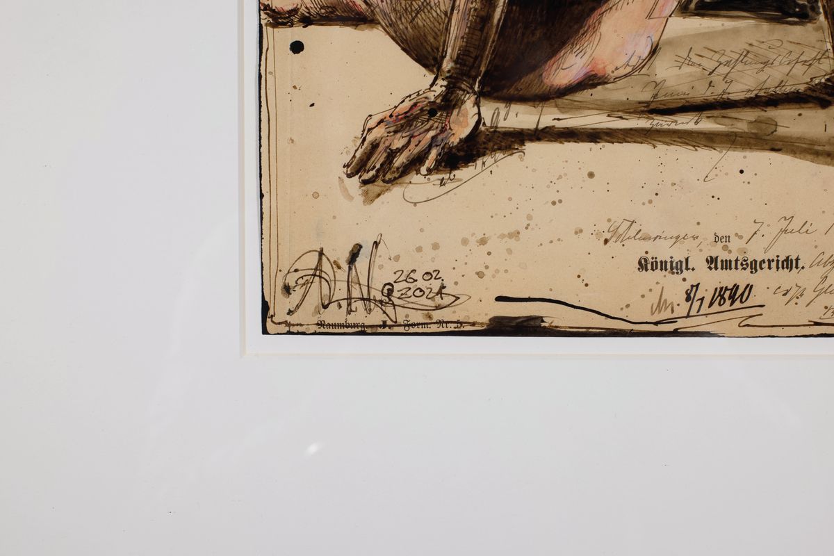Detail a: Andreas Noßmann, geb. 1962 in Hilden, Federzeichnung, Aquarell und Farbstift auf antikisierendes Papier, handsigniert, datiert 2021 und betitelt: ...