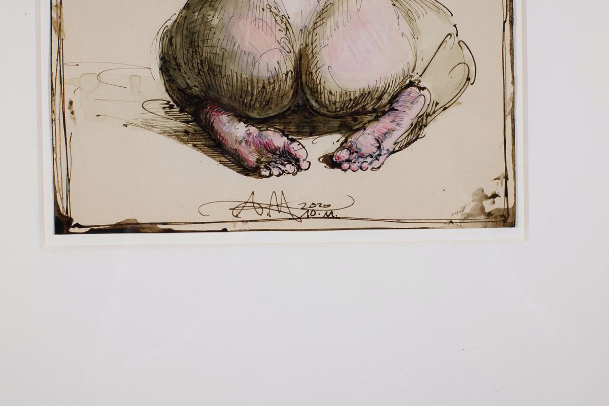 Detail a: Andreas Noßmann, geb. 1962 in Hilden, Federzeichnung, Aquarell und Farbstift auf antikisierendes Papier, handsigniert, datiert 2020 und betitelt: ...
