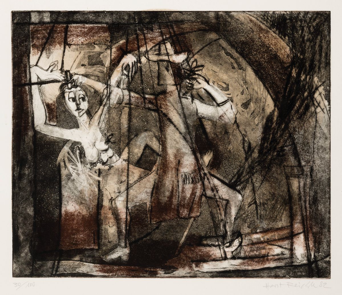 Horst Reichle, geb. 1938 Biberach, Studium der Graphik in München bei Albert Rabenbauer, Farbradierung, Figurengruppe in Schwarz- und Rosttönen, ...