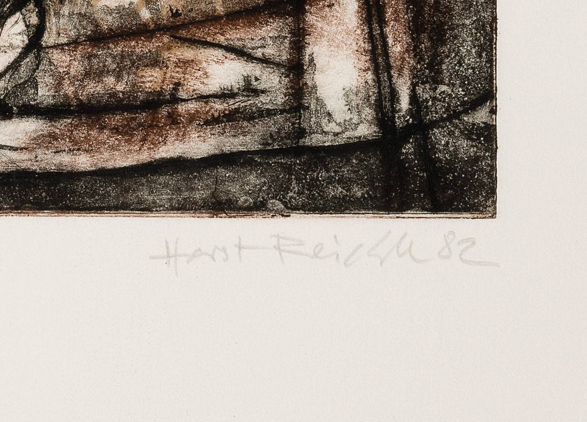 Detail a: Horst Reichle, geb. 1938 Biberach, Studium der Graphik in München bei Albert Rabenbauer, Farbradierung, Figurengruppe in Schwarz- und Rosttönen, ...