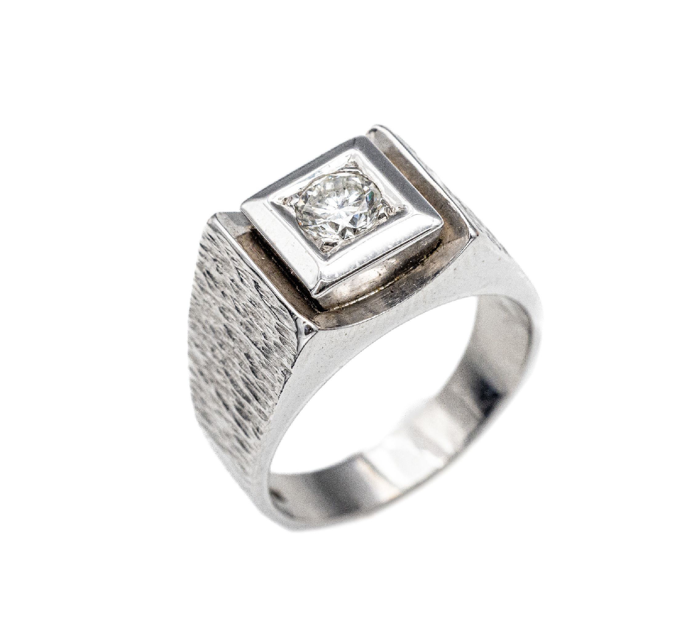 14 kt Gold Brillant-Ring, WG 585/000, teil strukturiert, Brillant-Solitär ca. 0.50 ct l.get.Weiß/vs, RW 62, ca. 17.9 g