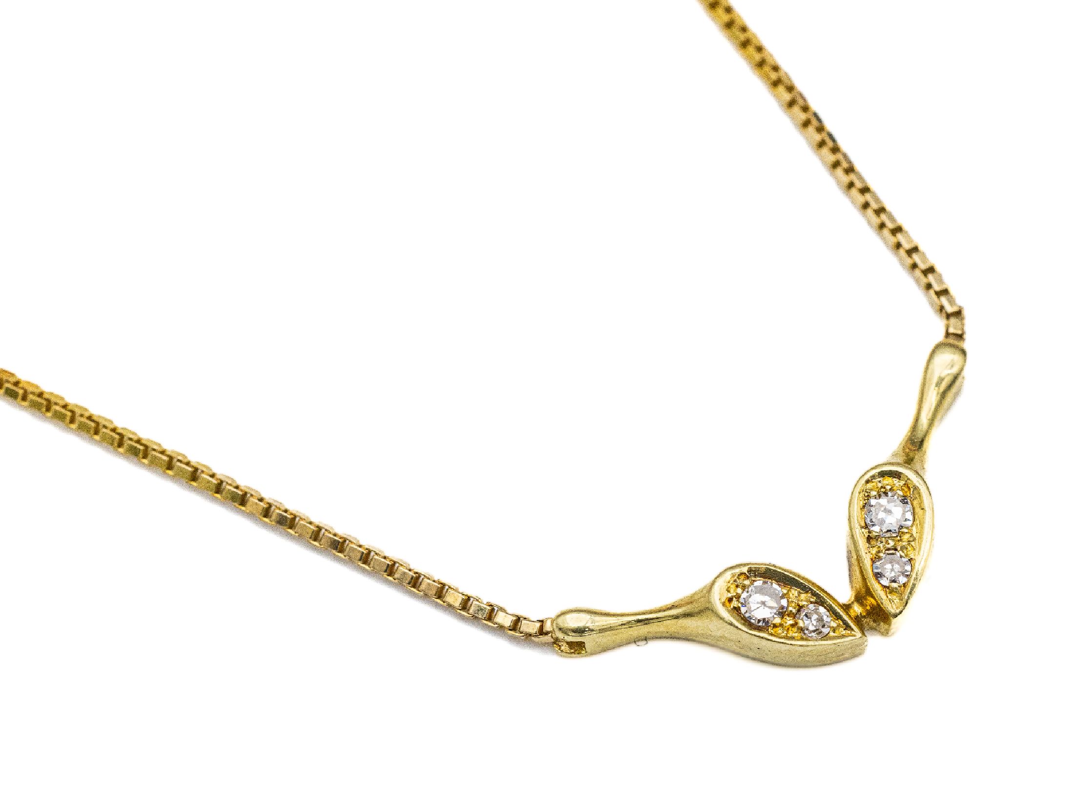 14 kt Gold Diamant-Collier, GG 585/000, Mittelteil mit 4 kl. 8/8-Diamanten, L. ca. 41.5 cm, ca. 4.1 g, Federringschließe