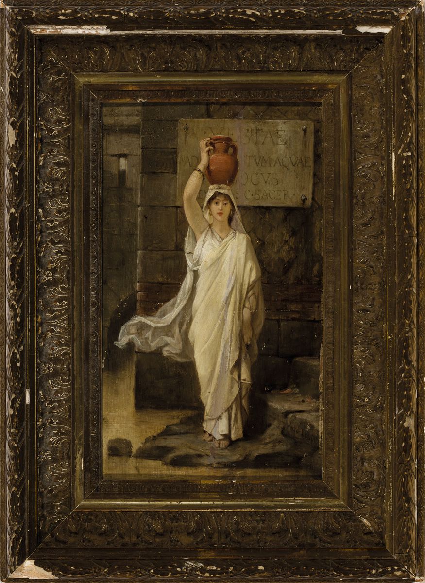 Detail k: Hector Leroux, 1829-1900, französischer Genremaler, römische Wasserträgerin in weißer Tunika, Öl/Holz, rechts unten signiert, ca. 26x16cm, ...