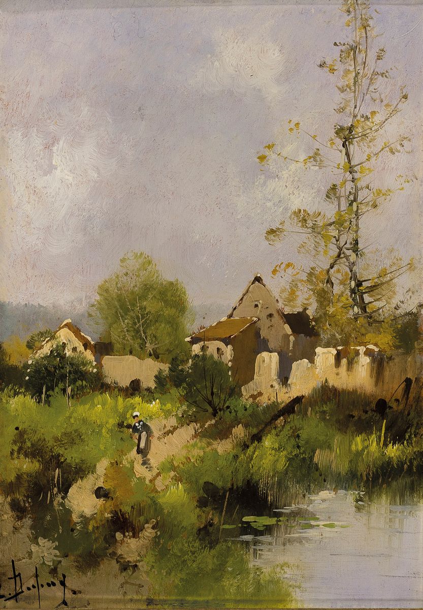 Louis Dupuy, Pseudonym des Eugène Galien- Laloue, 1854-1941, Sommerliche Landschaft mit Bäuerin, Dorf und Weiher, Öl/Holz, links unten signiert, ...