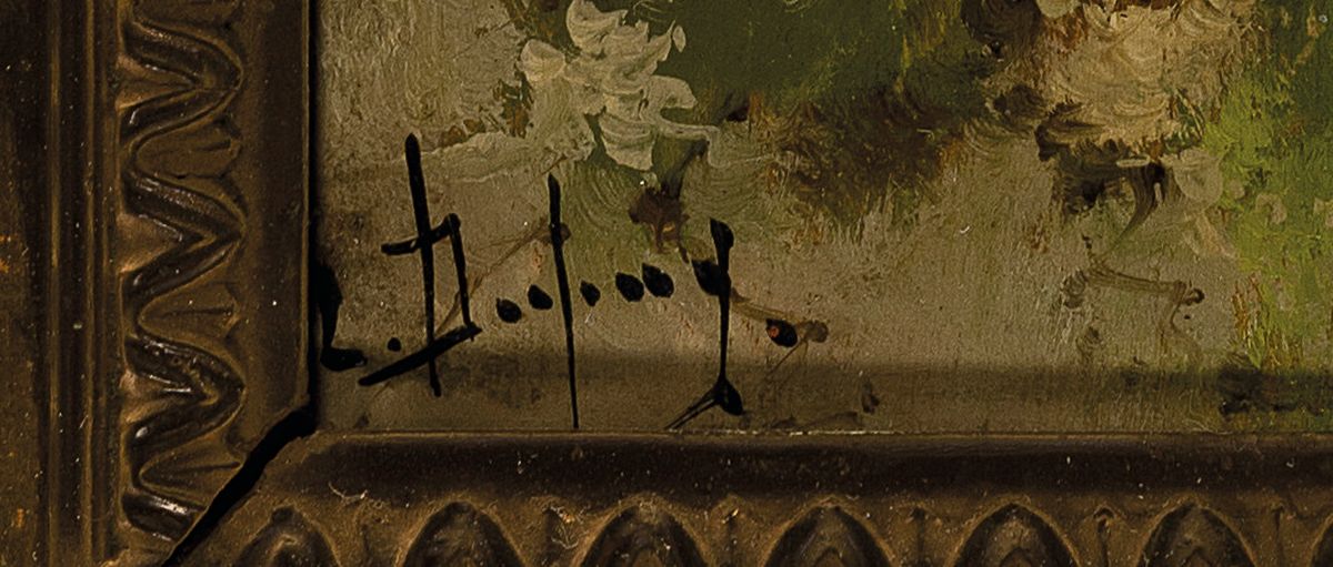 Detail a: Louis Dupuy, Pseudonym des Eugène Galien- Laloue, 1854-1941, Sommerliche Landschaft mit Bäuerin, Dorf und Weiher, Öl/Holz, links unten signiert, ...