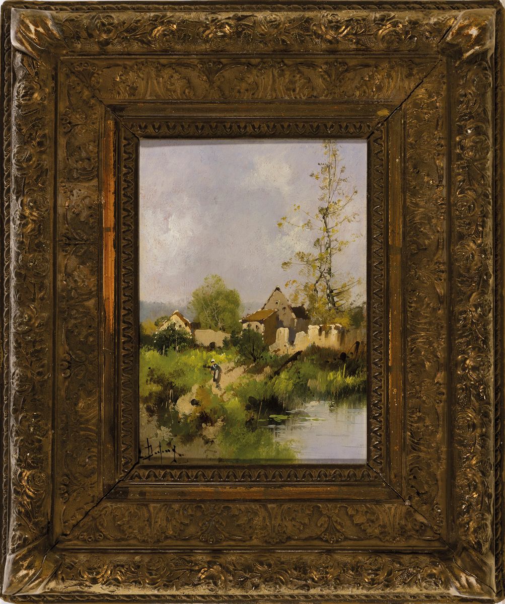 Detail k: Louis Dupuy, Pseudonym des Eugène Galien- Laloue, 1854-1941, Sommerliche Landschaft mit Bäuerin, Dorf und Weiher, Öl/Holz, links unten signiert, ...