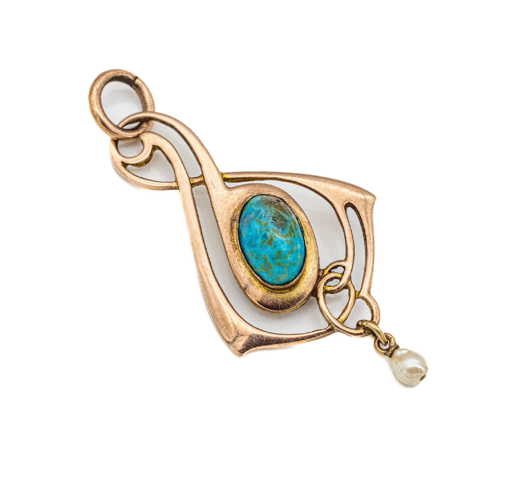 9 kt Gold Türkis-Anhänger, England um 1900, GG 375/00, elegante Linienführung, abstraktfloral, mittig Türkis-Cabochon, als Abhängung kl. ...