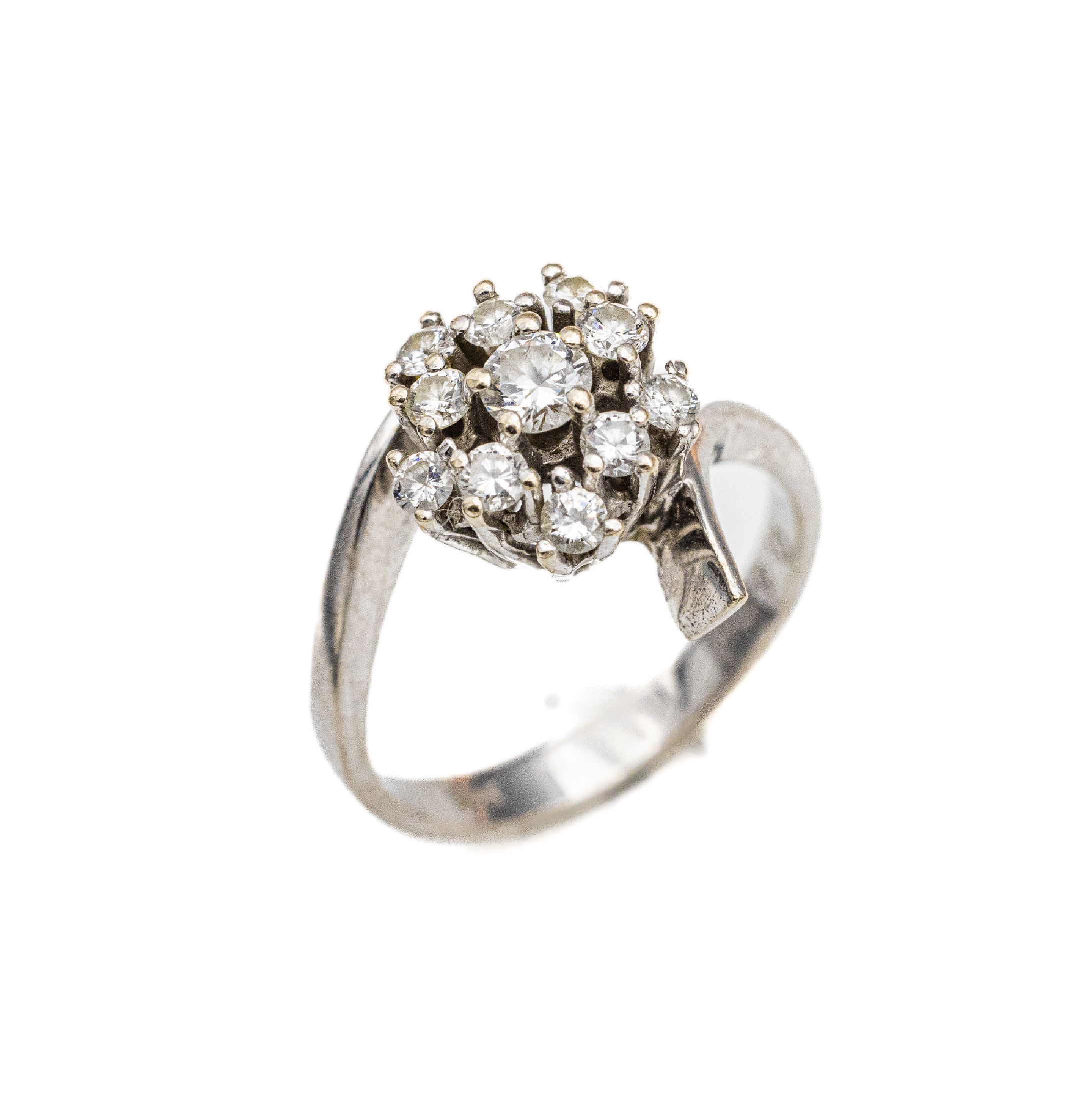 14 kt Gold Brillant-Ring, WG 585/000, 11 Brillanten zus. ca. 0.65 ct Weiß/si, RW 55, ca. 4.7 g