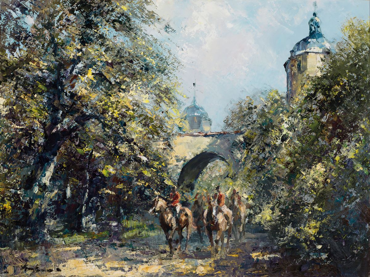 Hansjörg Wagner, 1930 Berlin-2013 München, Der Ausritt, Reiter vor der Stadtmauer, Öl/Lwd, links unten signiert, ca. 60x80cm, R. ca. 68x88cm, mit ...