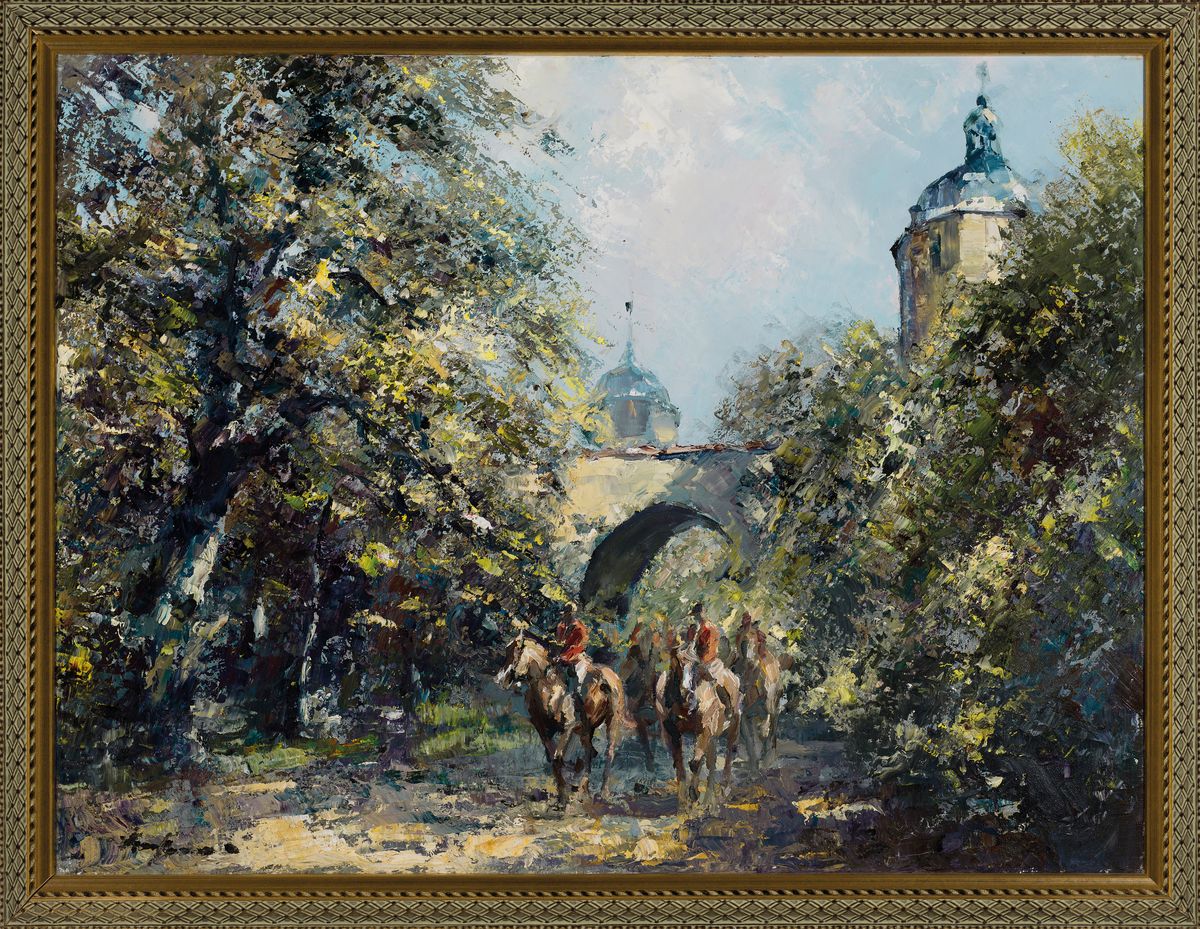 Detail k: Hansjörg Wagner, 1930 Berlin-2013 München, Der Ausritt, Reiter vor der Stadtmauer, Öl/Lwd, links unten signiert, ca. 60x80cm, R. ca. 68x88cm, mit ...