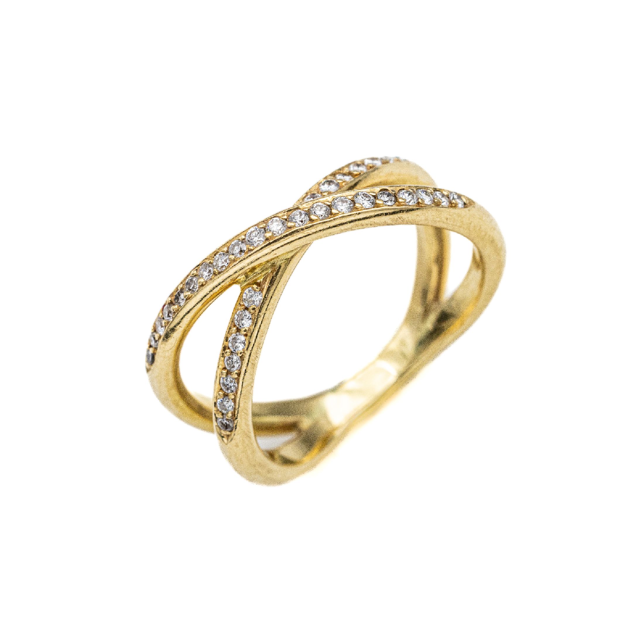 18 kt Gold Brillant-Ring, GG 750/000, überkreuzte Schiene, bes. mit Brillanten zus. ca. 0.80 ct Weiß/vs-si, RW 58, ca. 8.8 g