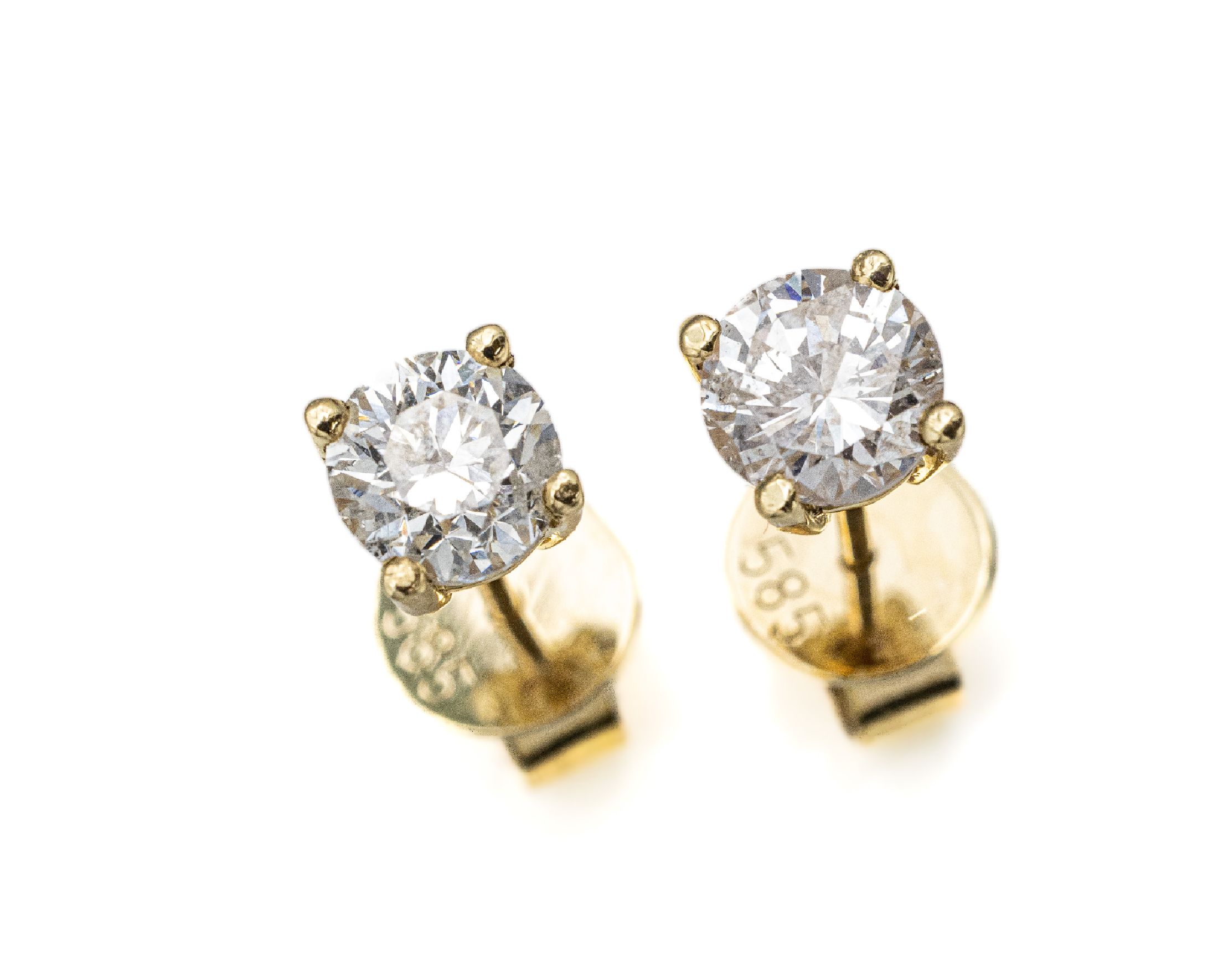 Paar 14 kt Gold Brillant-Ohrstecker, GG 585/000, 2 Brillanten zus. ca. 1.45 ct Weiß/p1