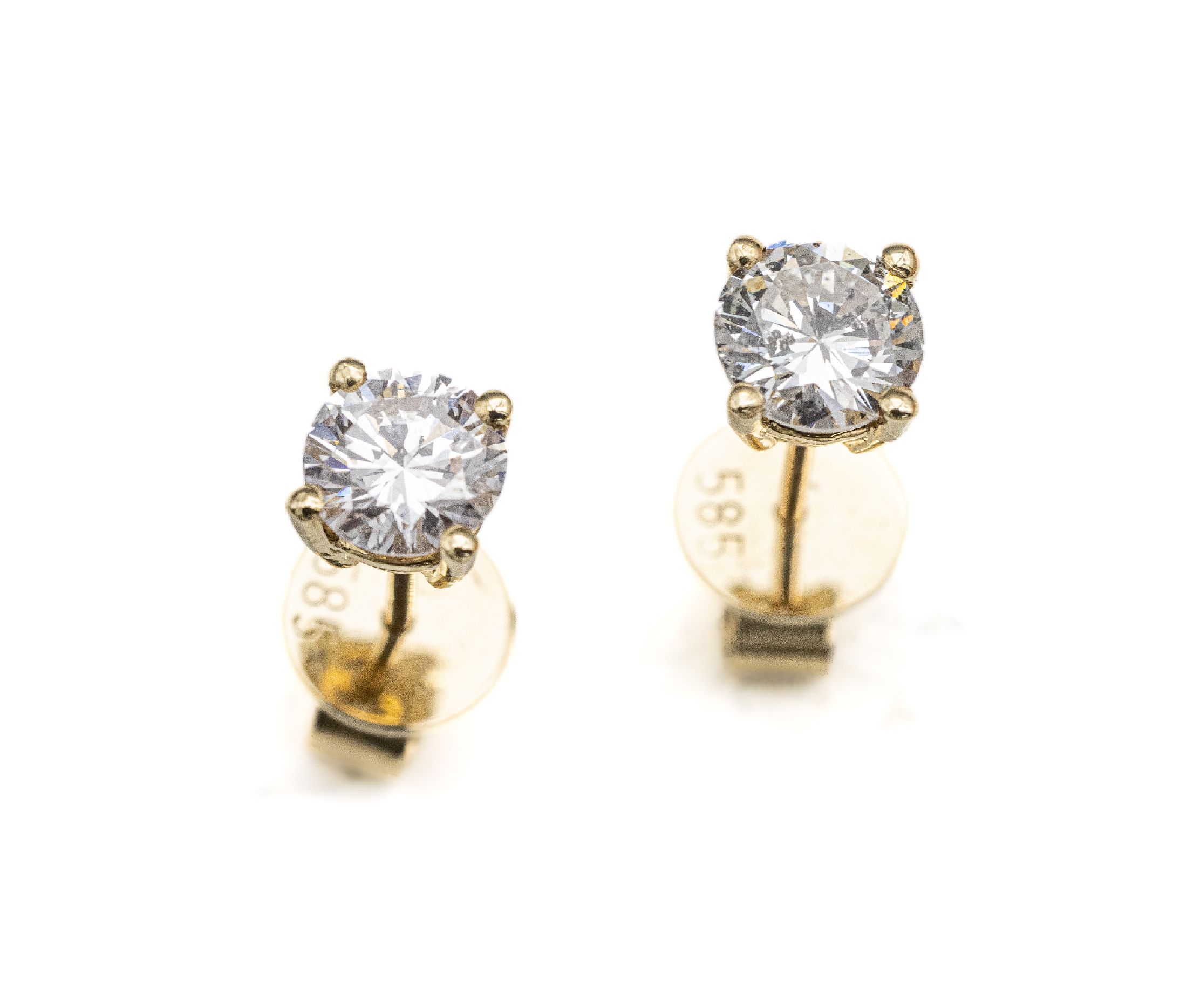 Paar 14 kt Gold Brillant-Ohrstecker, GG 585/000, 2 Brillanten zus. ca. 1.14 ct Weiß/ si-p2