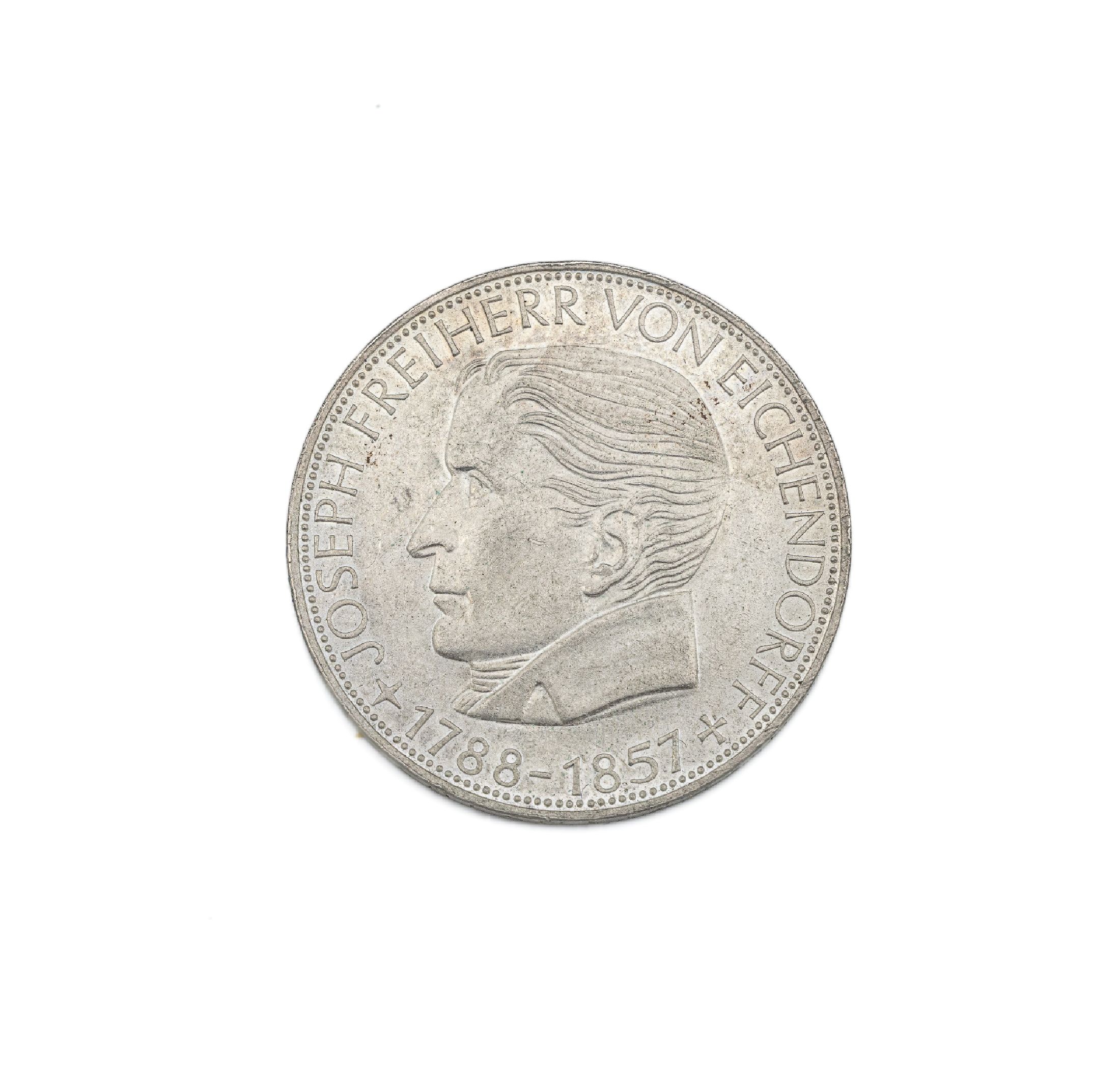 Silbermünze, 5 Mark, Deutschland 1957, Freiherr von Eichendorff, Prägemarke J