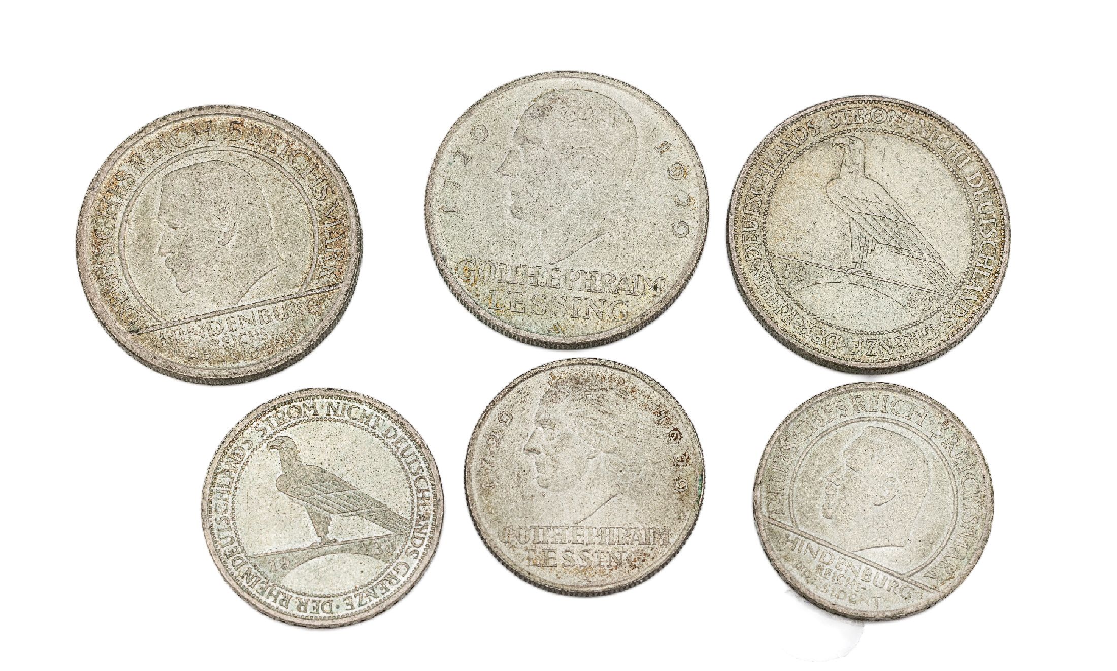 Konvolut 6 Silbermünzen, Weimarer Republik, 3 x 5 Reichsmark und 3 x 3 Reichsmark, LessingHindenburg und Rhein Deutschlands Strom