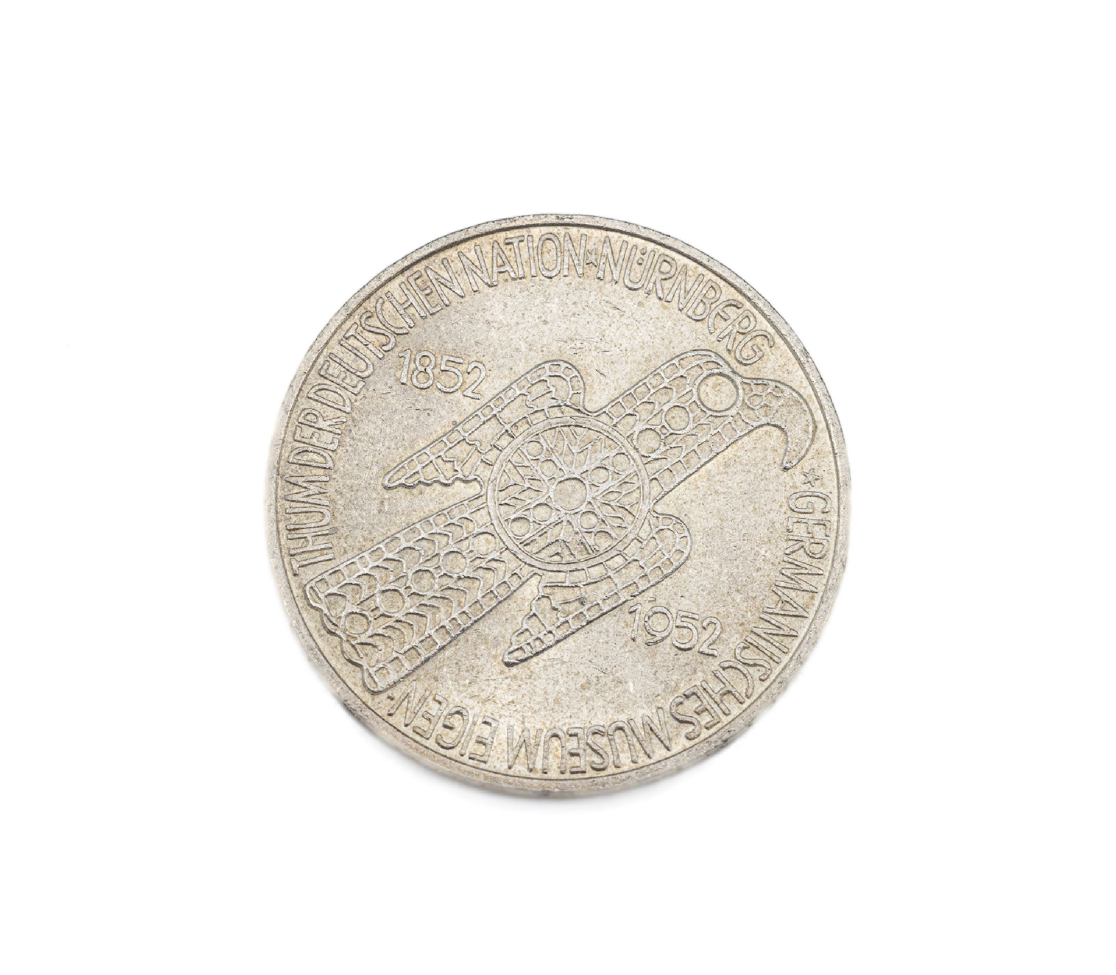 Silbermünze, 5 Mark, Deutschland 1952, Germanisches Museum, Nürnberg, Prägemarke D