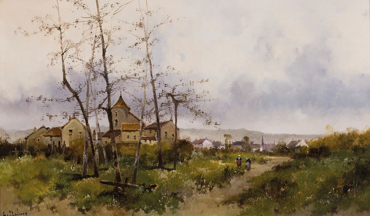 L(ouis) Dupuy, Pseudonym des Eugène Galien- Laloue, 1854 Paris-1941 Chérencé, Sommerliche Landschaft mit Blick auf ein Doerf und Bäuerinnen auf ...