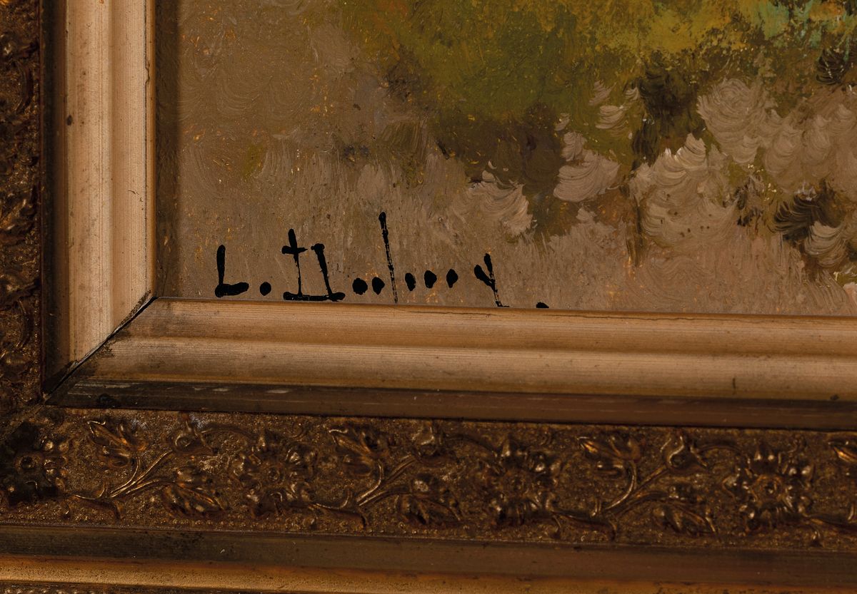 Detail a: L(ouis) Dupuy, Pseudonym des Eugène Galien- Laloue, 1854 Paris-1941 Chérencé, Sommerliche Landschaft mit Blick auf ein Doerf und Bäuerinnen auf ...