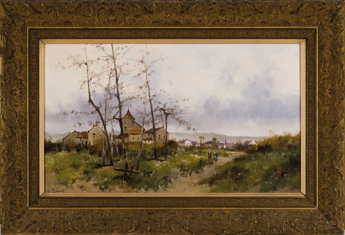 Detail k: L(ouis) Dupuy, Pseudonym des Eugène Galien- Laloue, 1854 Paris-1941 Chérencé, Sommerliche Landschaft mit Blick auf ein Doerf und Bäuerinnen auf ...