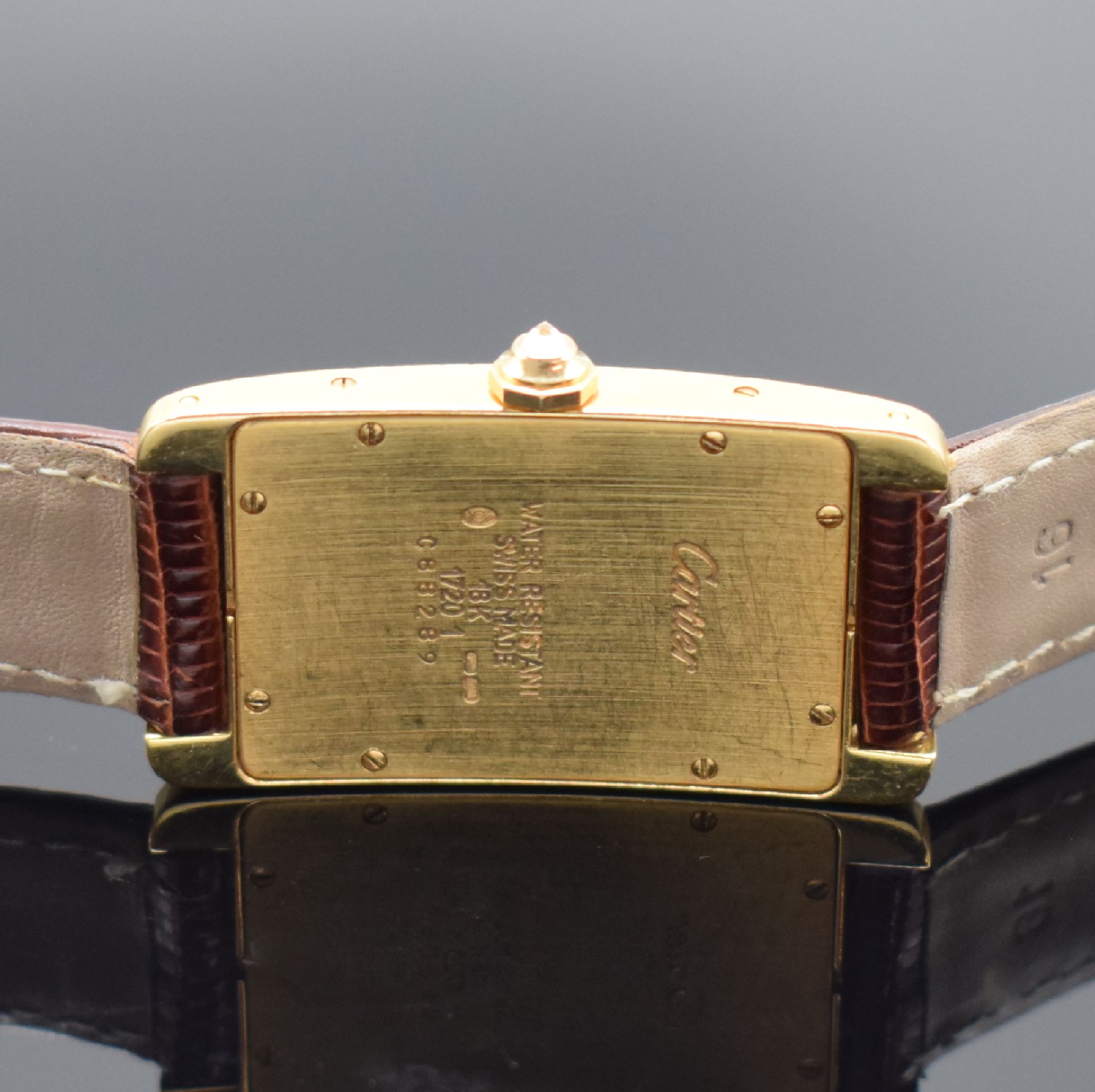 Detail c: CARTIER Tank Americaine Armbanduhr in GG 750/000 mit Diamantenbesatz Referenz 1720 1, Schweiz um 1995, quarz, rechteckiges Gehäuse aufw. m. ...