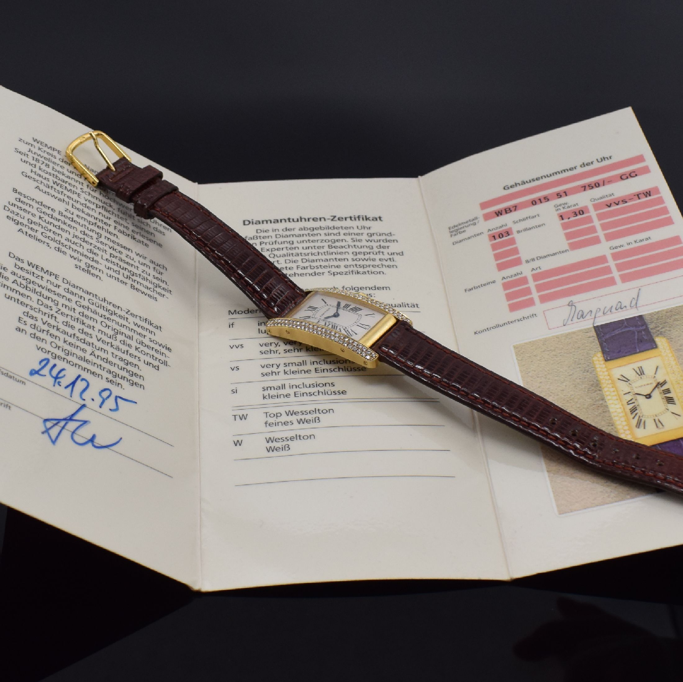 Detail d: CARTIER Tank Americaine Armbanduhr in GG 750/000 mit Diamantenbesatz Referenz 1720 1, Schweiz um 1995, quarz, rechteckiges Gehäuse aufw. m. ...