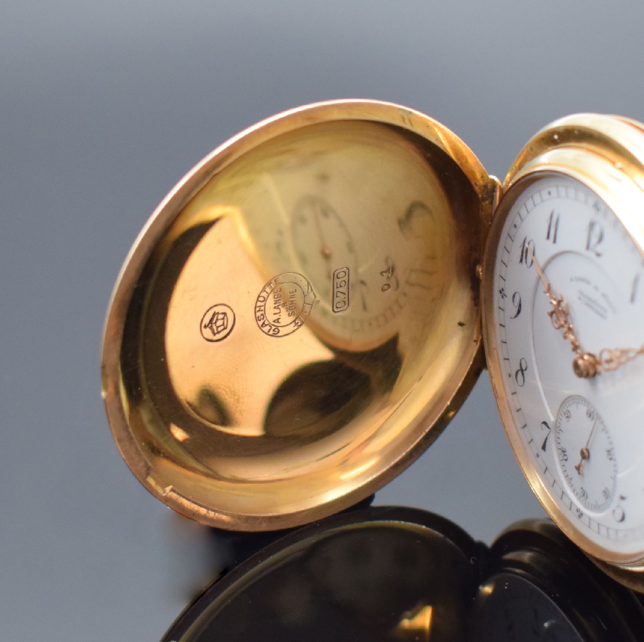 Detail a: A. LANGE & SÖHNE Glashütte B/Dresden 1B Savonette in RoseG 750/000 , Deutschland um 1895, guill. 3-Deckel Goldgehäuse, 3-teil. Emailzifferbl. m. ...
