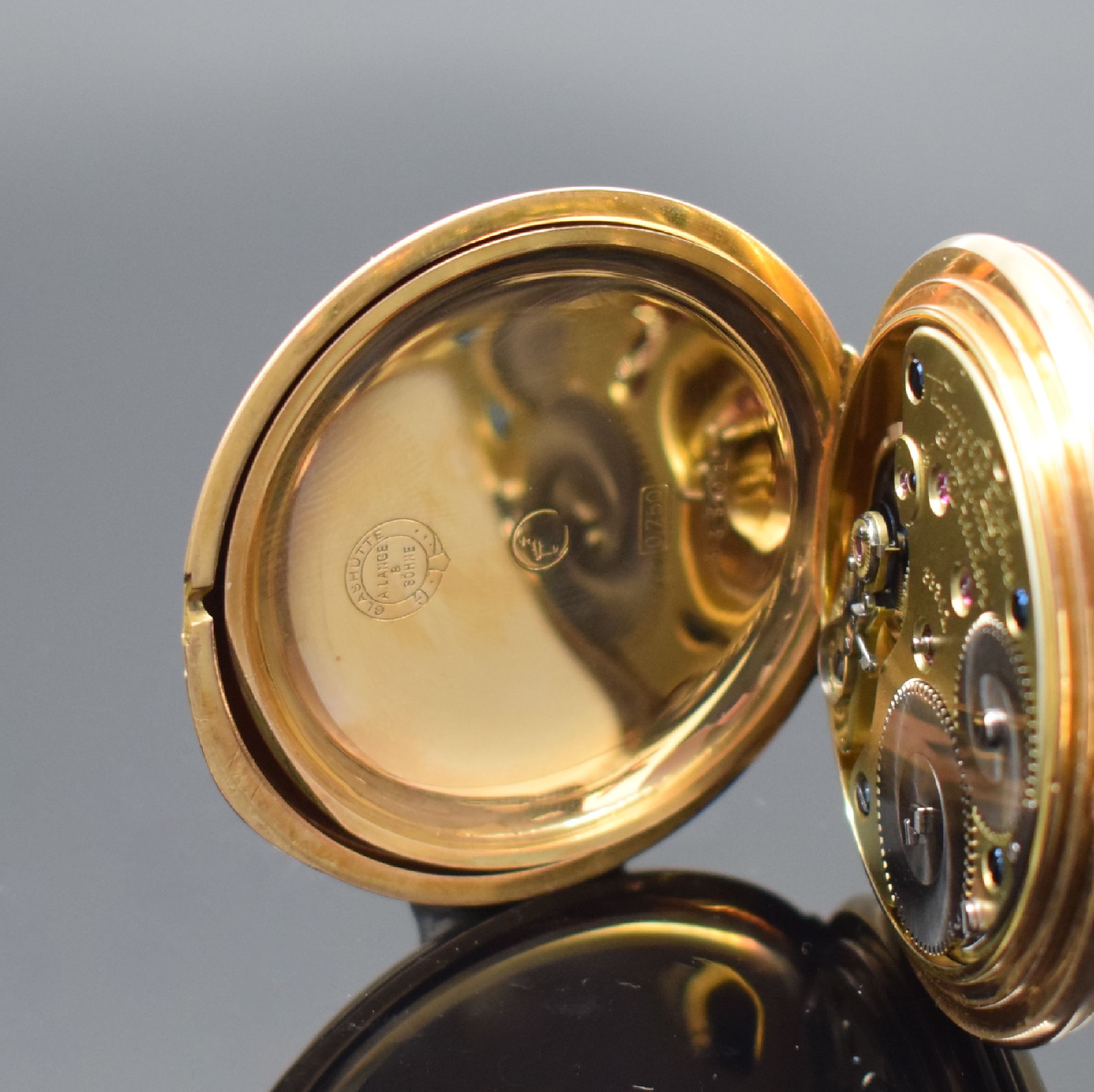 Detail f: A. LANGE & SÖHNE Glashütte B/Dresden 1B Savonette in RoseG 750/000 , Deutschland um 1895, guill. 3-Deckel Goldgehäuse, 3-teil. Emailzifferbl. m. ...