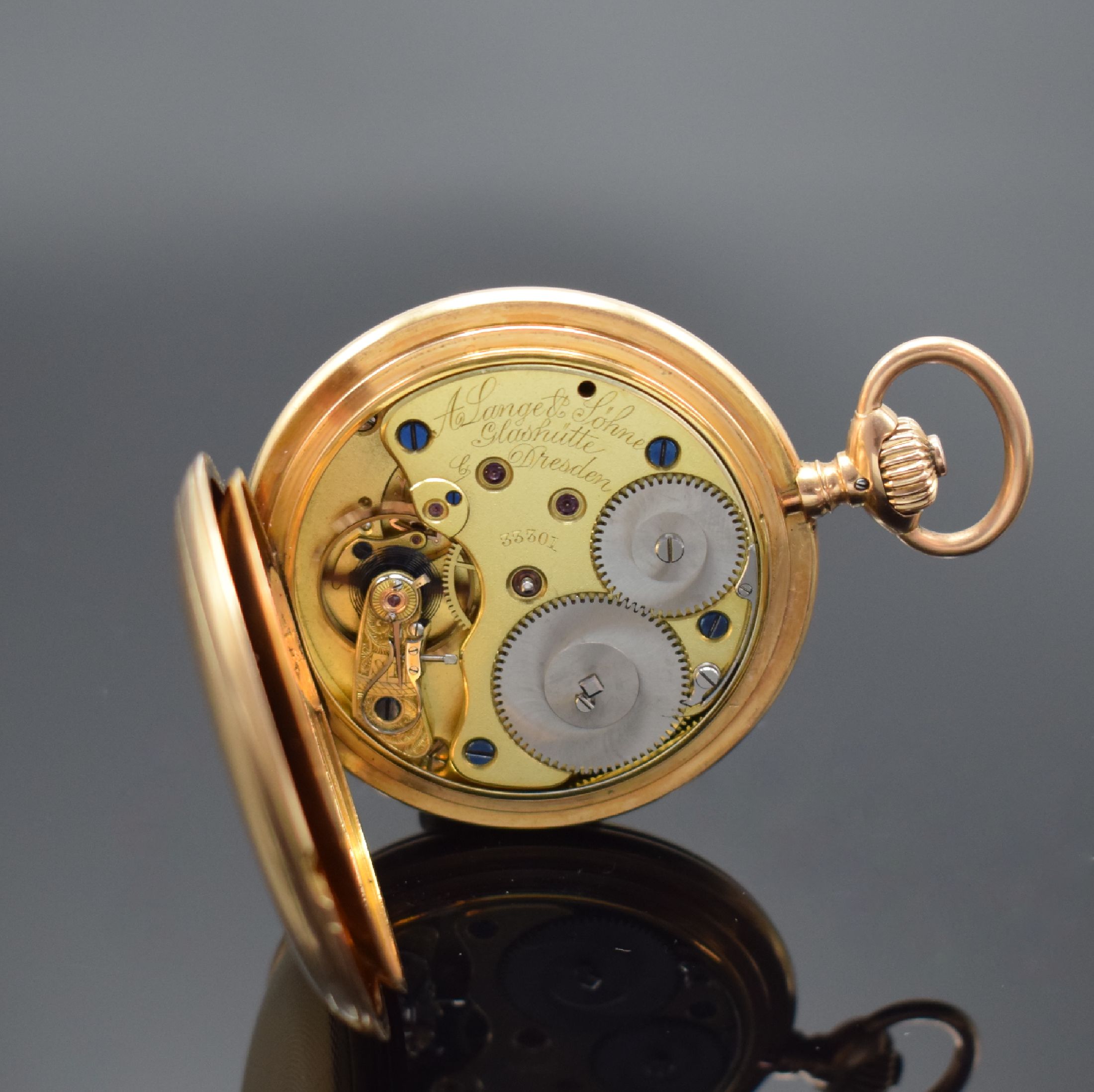 Detail g: A. LANGE & SÖHNE Glashütte B/Dresden 1B Savonette in RoseG 750/000 , Deutschland um 1895, guill. 3-Deckel Goldgehäuse, 3-teil. Emailzifferbl. m. ...