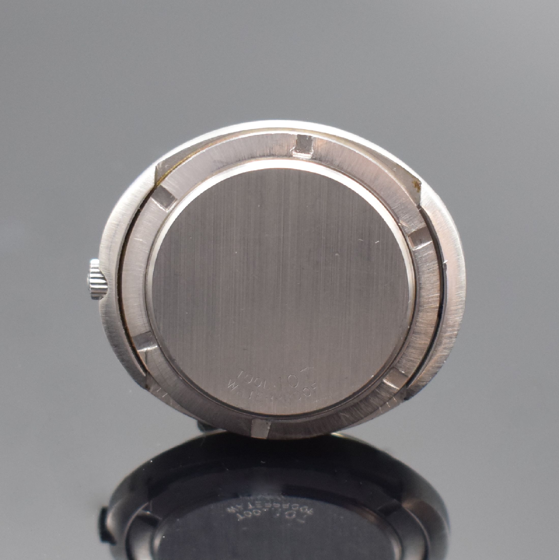 Detail b: OMEGA Geneve Dynamic Herrenarmbanduhr, Schweiz um 1969, Automatik, Monocoque-Geh. in Stahl, blaues Zifferbl. m. aufges. Std.-Ind., Datum m. ...