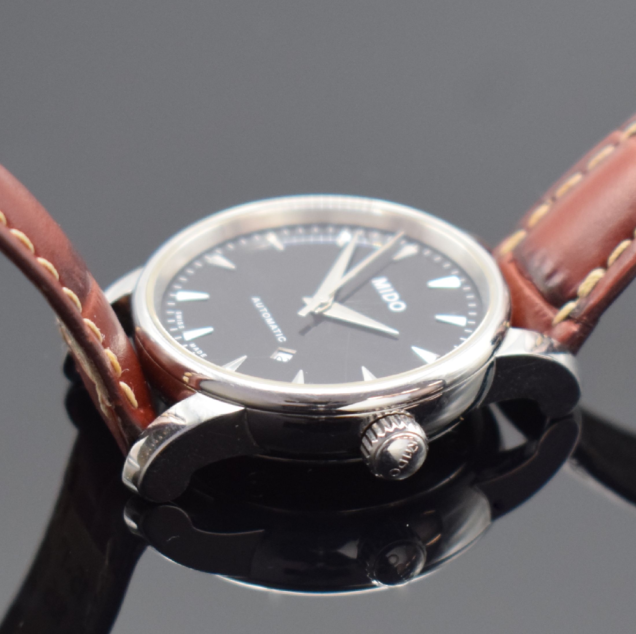 Detail c: MIDO Baroncelli Damenarmbanduhr Referenz M7600 B, Schweiz um 2015, Automatik, beids. vergl. Geh. in Edelstahl, schwarzes Zifferbl. m. aufges. ...