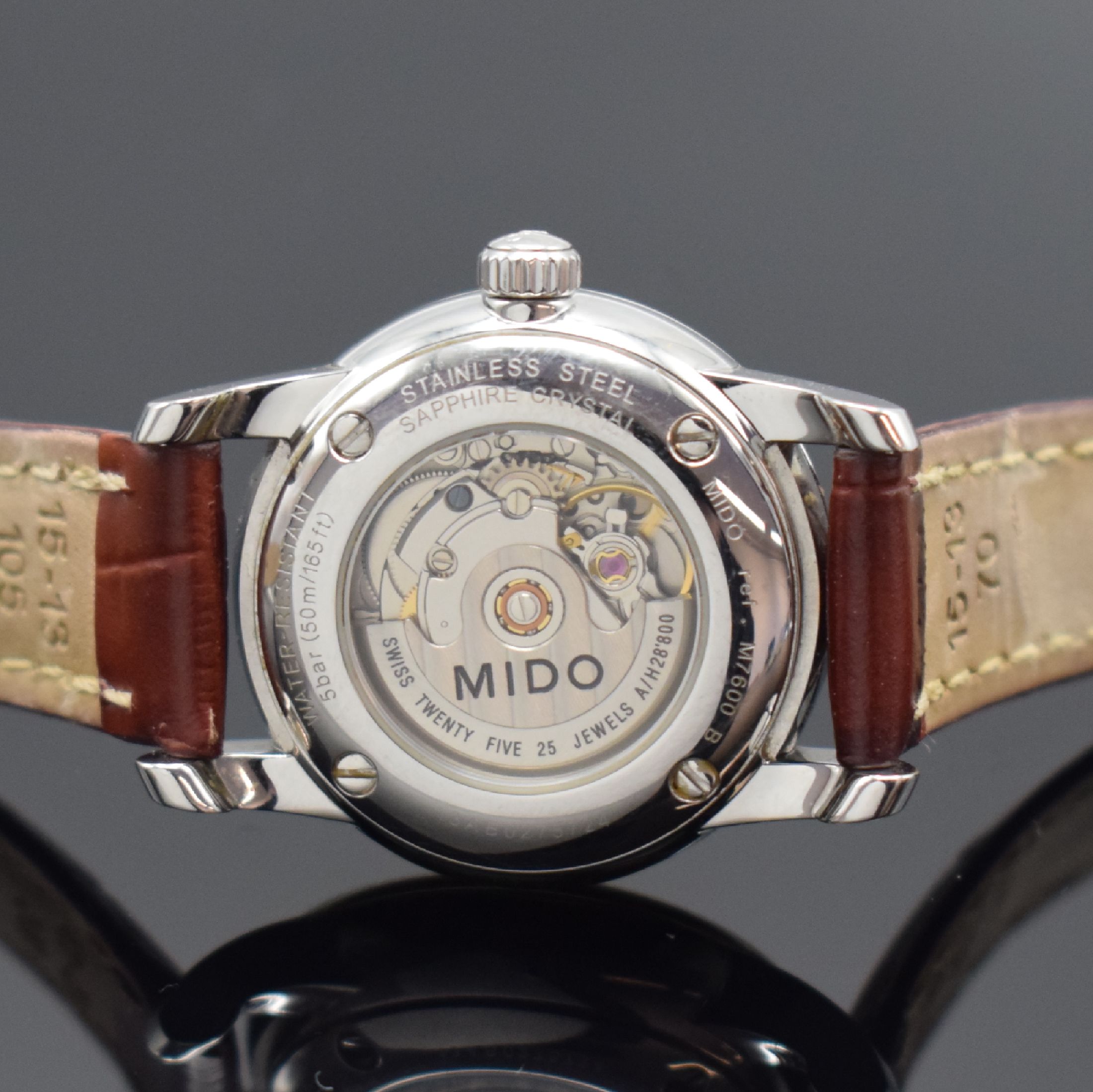 Detail d: MIDO Baroncelli Damenarmbanduhr Referenz M7600 B, Schweiz um 2015, Automatik, beids. vergl. Geh. in Edelstahl, schwarzes Zifferbl. m. aufges. ...