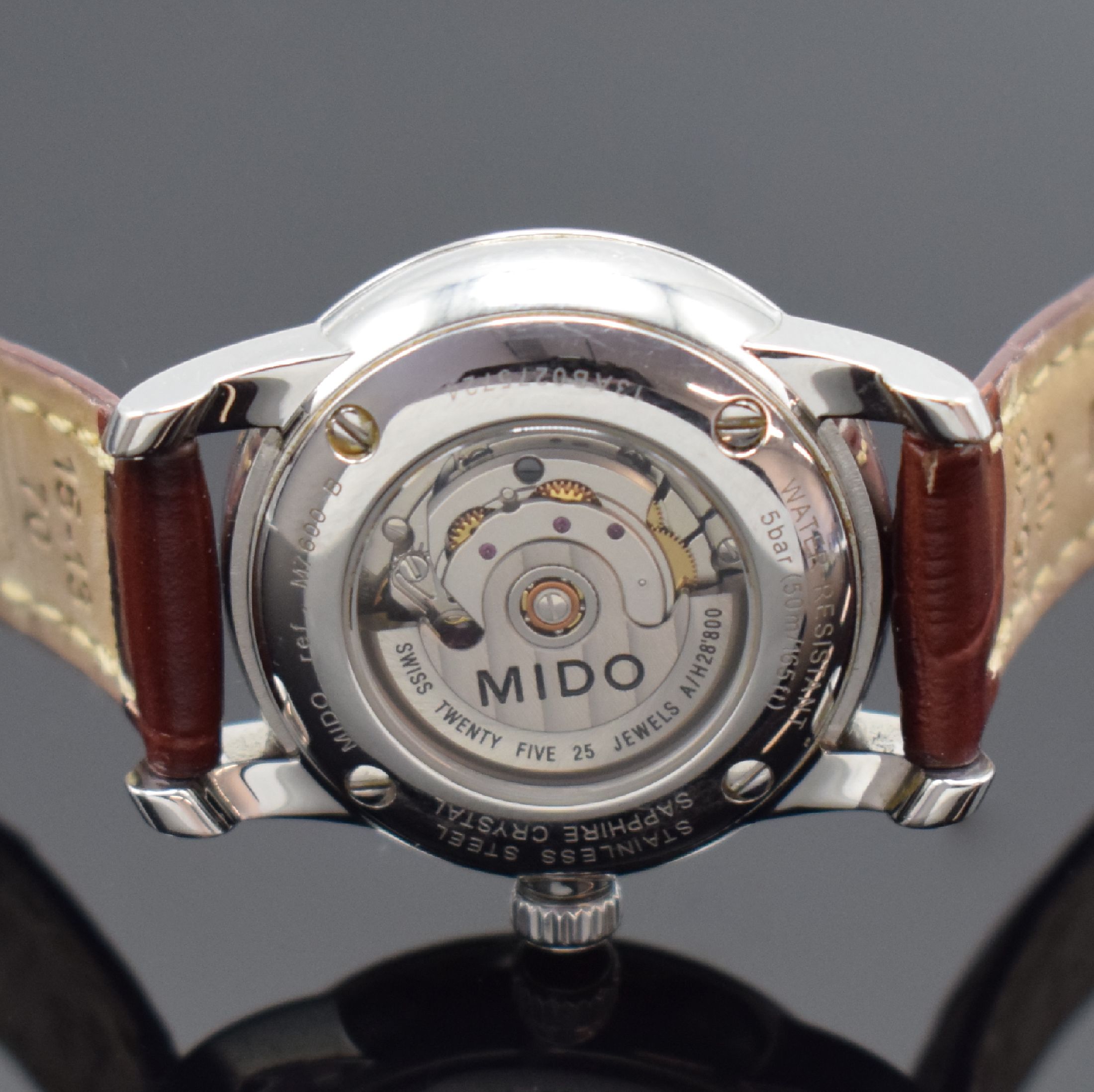 Detail e: MIDO Baroncelli Damenarmbanduhr Referenz M7600 B, Schweiz um 2015, Automatik, beids. vergl. Geh. in Edelstahl, schwarzes Zifferbl. m. aufges. ...