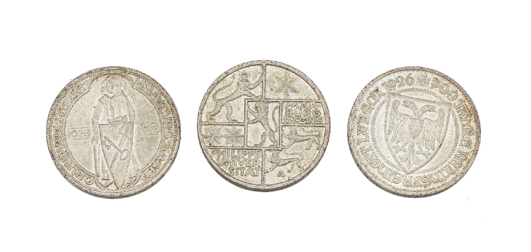 Konvolut 3 Silbermünzen, Weimarer Republik, Naumburg 1928, Lübeck 1926, Marburg 1927